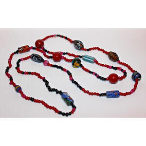 Vintage 50" Art Glass Beaded Necklace Red Black Pink Lampwork Boho Statement